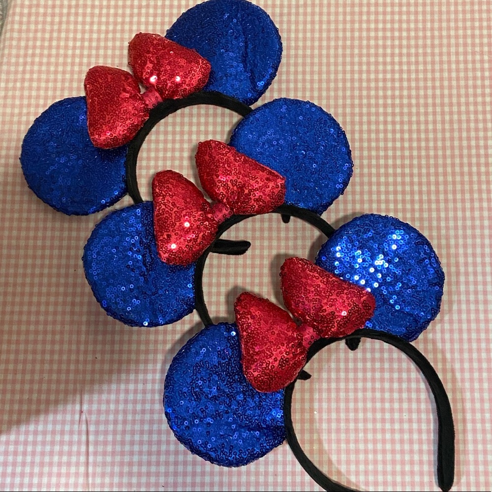 New Simple Disney Mouse Ears | Blue Sequin Ears with pink Sequin Bow